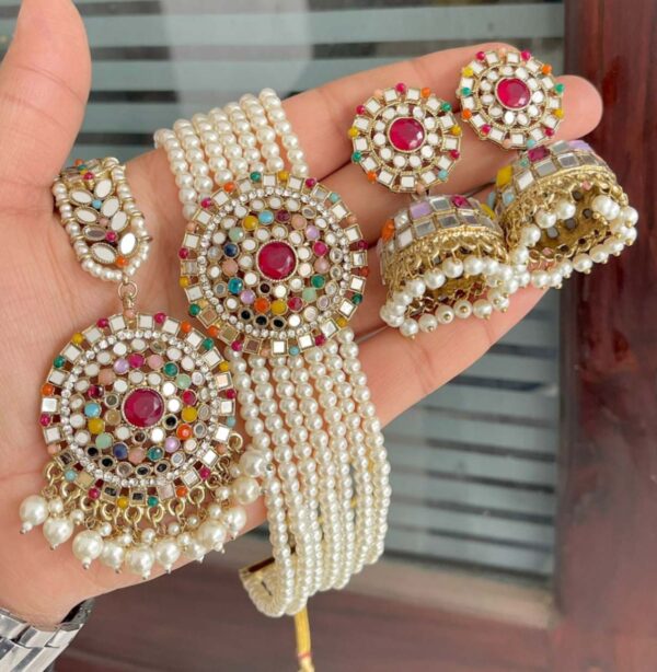 Beautiful Pearl Work Mirror🪞Chokker With Jumkie And Tika…. combo