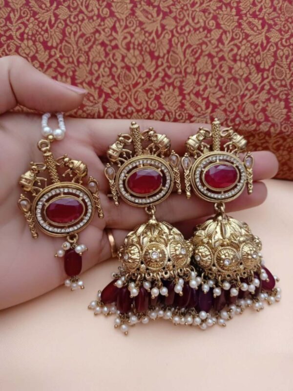 Beautiful Reverse Ad Stone Work Polky Jhumka With Tika combo
