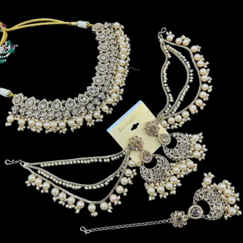 Gold plated polki Necklace + bahubali earrings + tikka - white