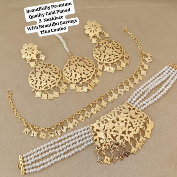 Gold Plated 2 Pcs Neaklace With Big Earings Tika Combo