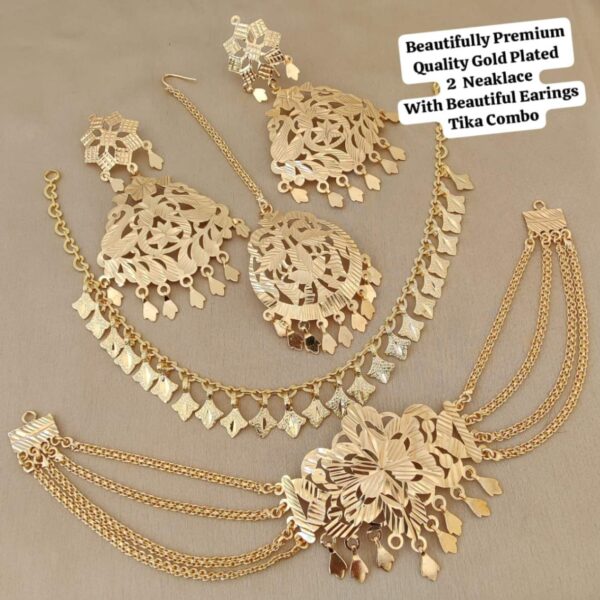 Gold Plated 2 Pcs Neaklace With Big Earings Tika Combo