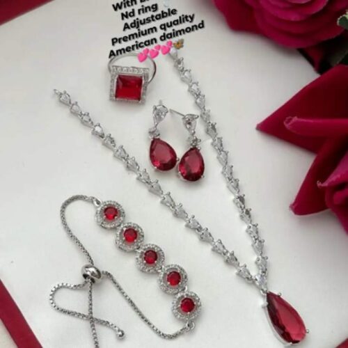 American diamond Neckline with ring and breslet combo - RED