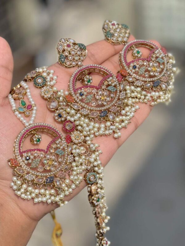 Pakistani Work Neckline With Beautiful Earrings And Tika Reverse Ad Stone Work