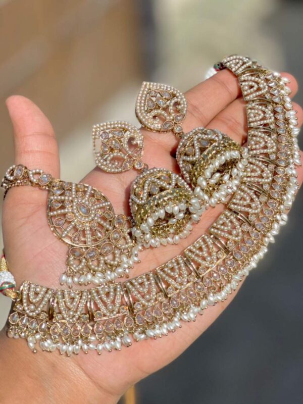 Pakistani Work Neckline With Jhumka And Tika Reverse Ad Stone Work