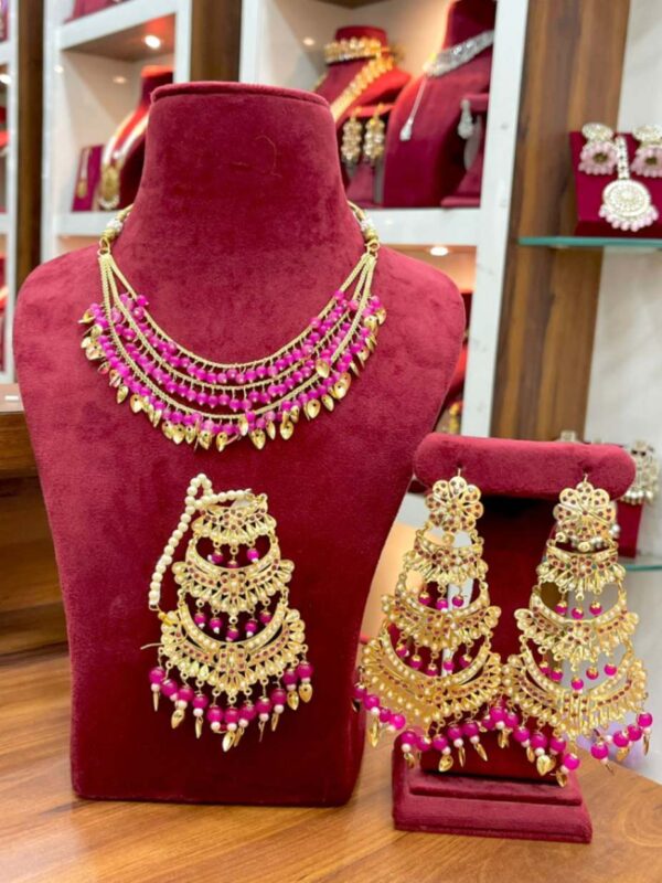 Jadau Triple Layer Neckline With Earrings And Tikka