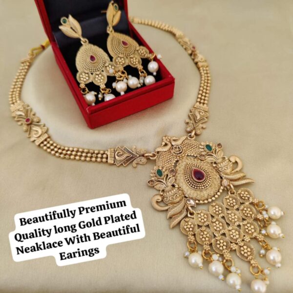 Long Antique Gold Plated Neaklace With Earings