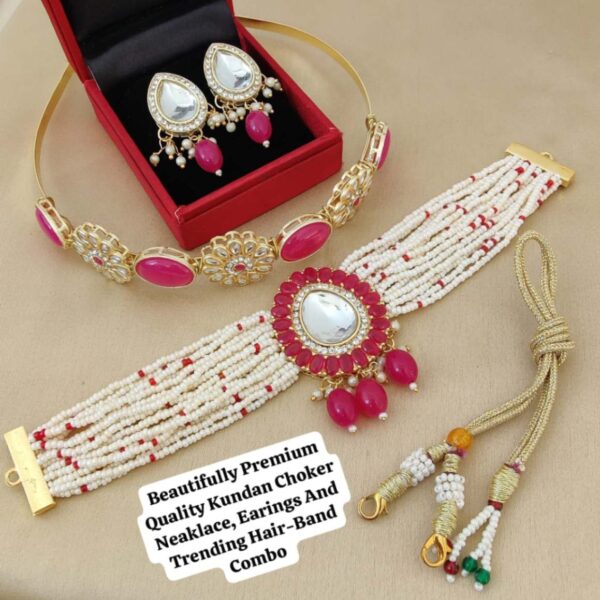 Kundan Choker Necklace With Earings And Trending Hairband Combo