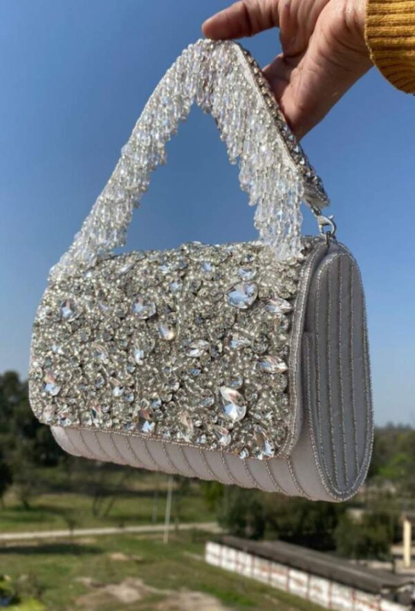 Bridal Flap Bag With Handle and seude. This Elegant clutch made with Imported Stones in Velvet Fabric.